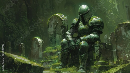 A knight in heavy armor sits on a moss-covered tombstone surrounded by ancient tombstones in a quiet cemetery, reflecting a combination of historical strength and solemnity.