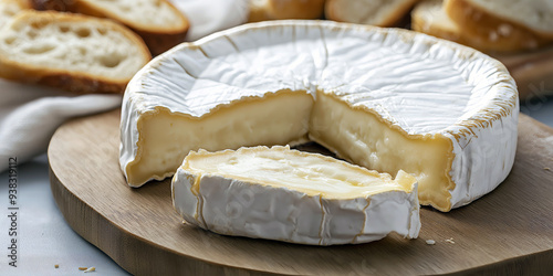 Soft brie cheese with a white rind, partially sliced to reveal the creamy interior, served with fresh baguette slices. photo