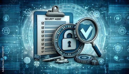 2D vector as Security audit icon with a checklist and magnifying glass concept as Vector illustration of a security audit icon with a checklist and magnifying glass highlighting the importance of regu photo