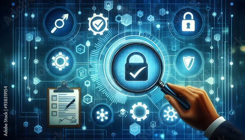 2D vector as Security audit icon with a checklist and magnifying glass concept as Vector illustration of a security audit icon with a checklist and magnifying glass highlighting the importance of regu photo