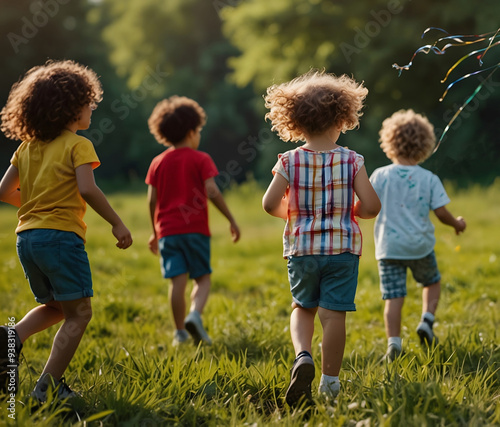 Small preschool children run around the park in the evening on a sunny day.