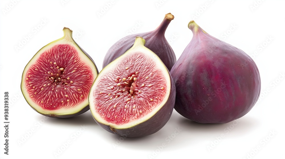 Three ripe figs, two halved, one whole, isolated on white background. Three ripe figs, two halved, one whole, isolated on white background.