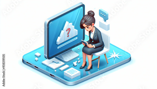 3d Flat icon as Businesswoman looking at a declining stock market chart appearing worried concept as A businesswoman in a suit looking at a declining stock market chart on her computer screen appearin photo