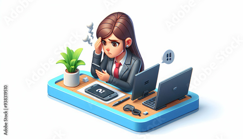 3d Flat icon as Businesswoman looking at a declining stock market chart appearing worried concept as A businesswoman in a suit looking at a declining stock market chart on her computer screen appearin photo