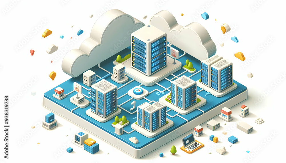 Obraz premium 3d Flat icon as Cloud computing infrastructure with data centers and servers concept as Vector illustration of cloud computing infrastructure showing data centers and servers interconnected in a netwo