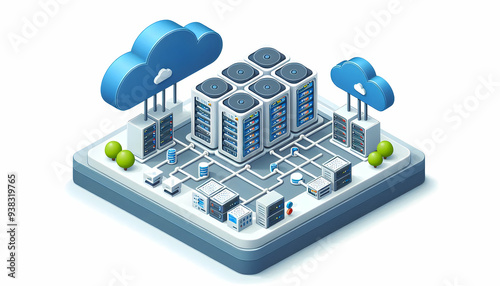 3d Flat icon as Cloud computing infrastructure with data centers and servers concept as Vector illustration of cloud computing infrastructure showing data centers and servers interconnected in a netwo photo