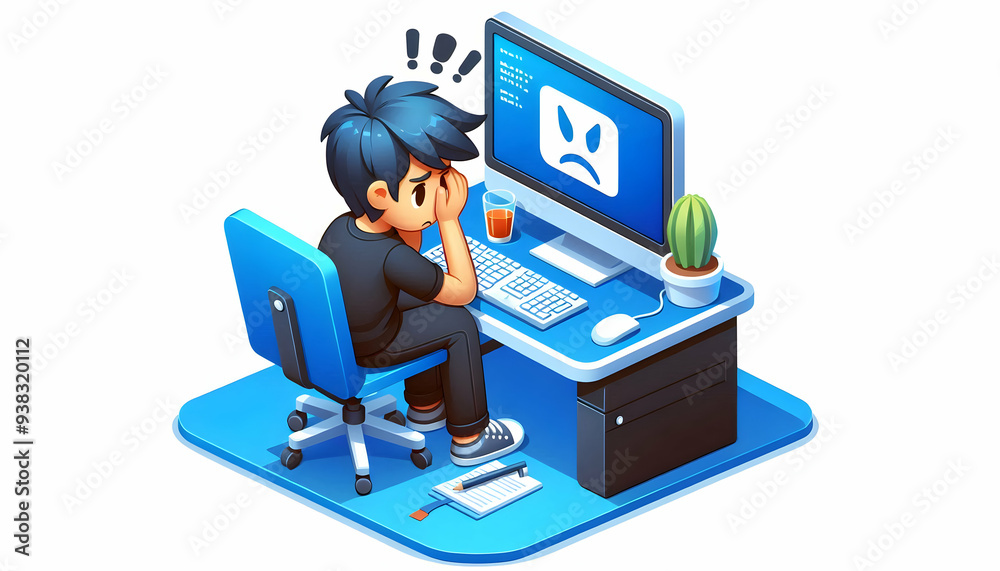 3d Flat icon as Developer sitting in front of a blue screen of death looking frustrated concept as A developer in casual attire sitting at a desk with a computer showing a blue screen of death appeari 3d Flat icon as Developer sitting in front of a blue screen of death looking frustrated concept as A developer in casual attire sitting at a desk with a computer showing a blue screen of death appeari