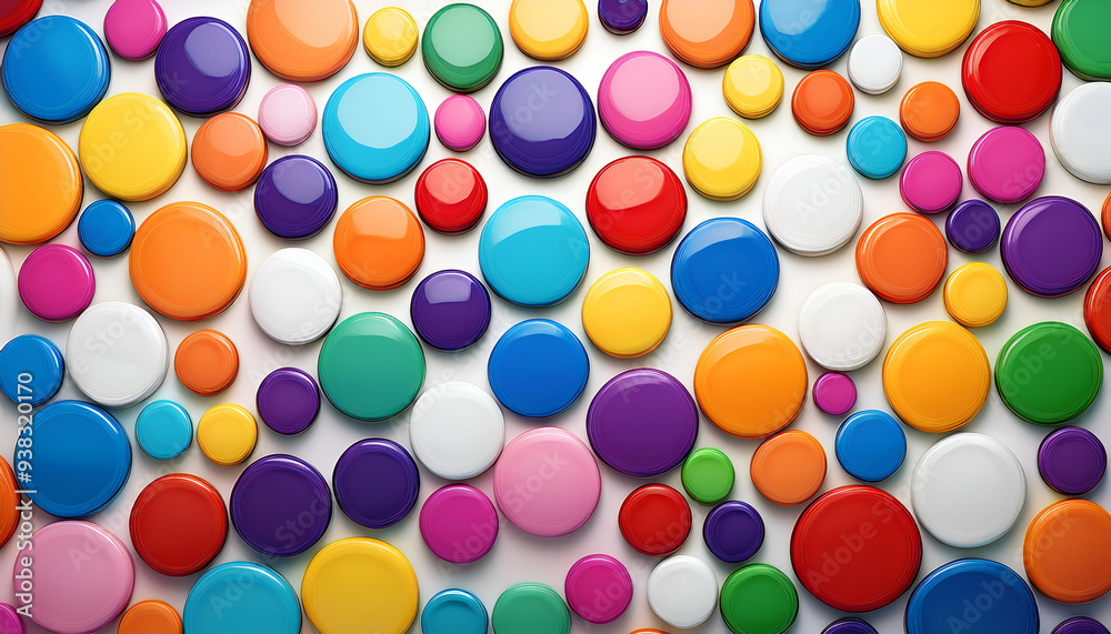 Colorful arranged collection of glossy round shapes in various sizes showcasing vibrant hues on a smooth surface
