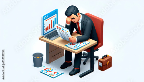 3d Flat icon as Senior manager looking at a cybersecurity breach report appearing devastated concept as A senior manager in a suit looking at a cybersecurity breach report on his desk appearing devast photo