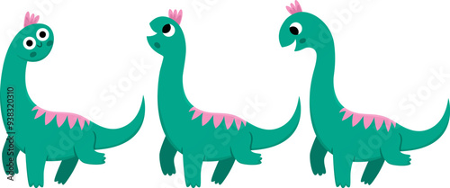 Vector brachiosaurus icon set. Cute dinosaur illustration for kids. Funny dino clipart collection for children isolated on white background. Cartoon prehistoric animal picture