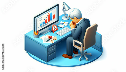 3d Flat icon as Senior manager looking at a cybersecurity breach report appearing devastated concept as A senior manager in a suit looking at a cybersecurity breach report on his desk appearing devast photo