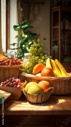 Wallpaper Mural Still life, wicker baskets filled with fresh fruits on a wooden table. Generative AI. Torontodigital.ca