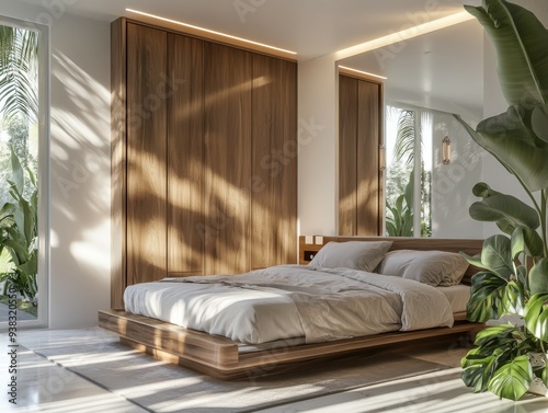 Bright and airy modern bedroom with wooden accents and plants