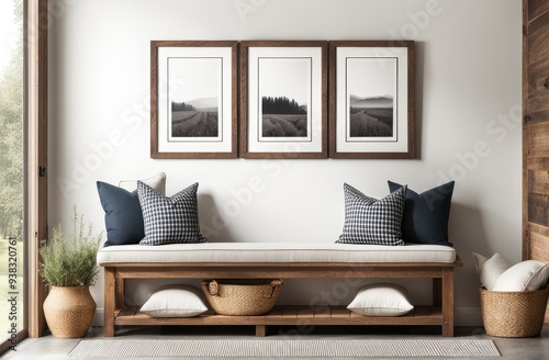 Wooden rustic bench with pillows against wall with two poster frames. Country farmhouse interior design of modern home entryway