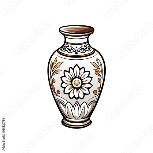 A detailed illustration of a white ceramic vase with intricate floral designs in brown and black.