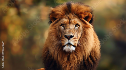 A large lion, with a thick mane, looking directly at the viewer