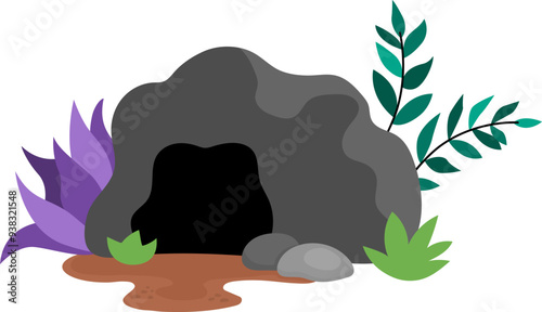 Vector dinosaur cave icon. Nature animal stone house illustration isolated on white background. Flat natural home picture with greenery, twigs. Wildlife, prehistoric or tropical mountain cavern
