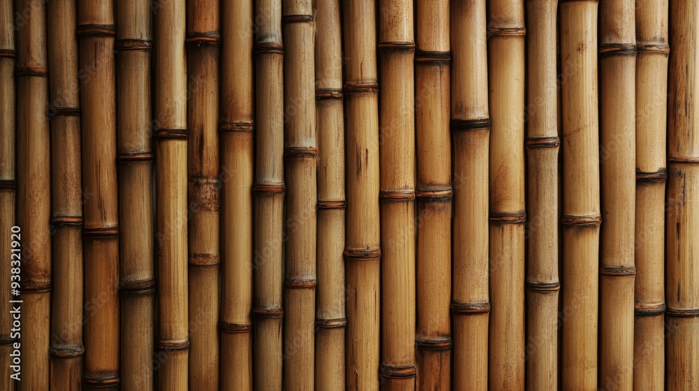 Fototapeta premium Natural bamboo wall with distinct textures and warm tones in sunlight