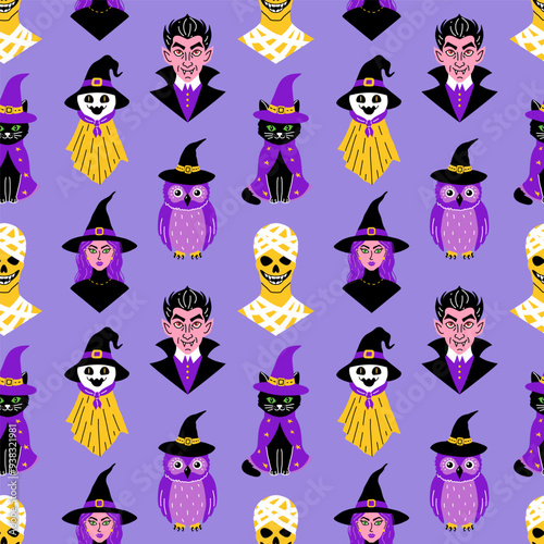 Seamless pattern with cute characters in simple style. Halloween theme.