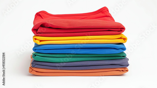 A stack of folded t-shirts in different colors: orange, red, blue, teal, and navy.