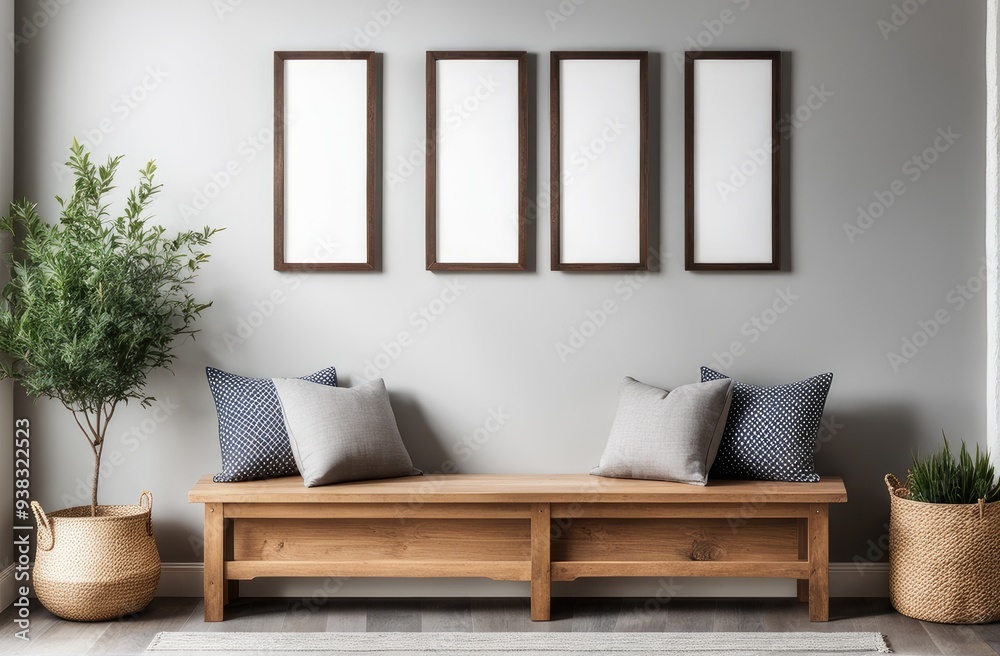 Wooden rustic bench with pillows against wall with two poster frames. Country farmhouse interior design of modern home entryway Wooden rustic bench with pillows against wall with two poster frames. Country farmhouse interior design of modern home entryway