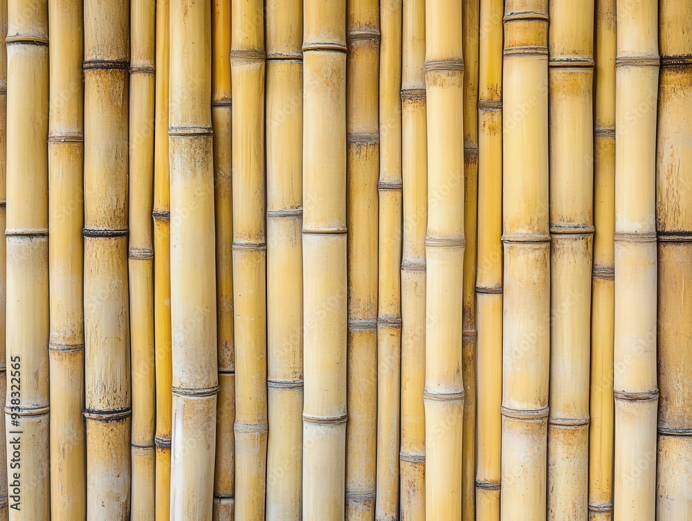Naklejka premium Close-up view of bamboo stalks showcasing their vibrant yellow hues