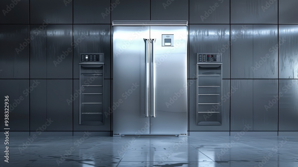 A modern kitchen with stainless steel refrigerator and grey tile floor.