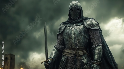 majestic knight in gleaming silver armor sword raised triumphantly against a dramatic stormy sky embodying courage and chivalry
