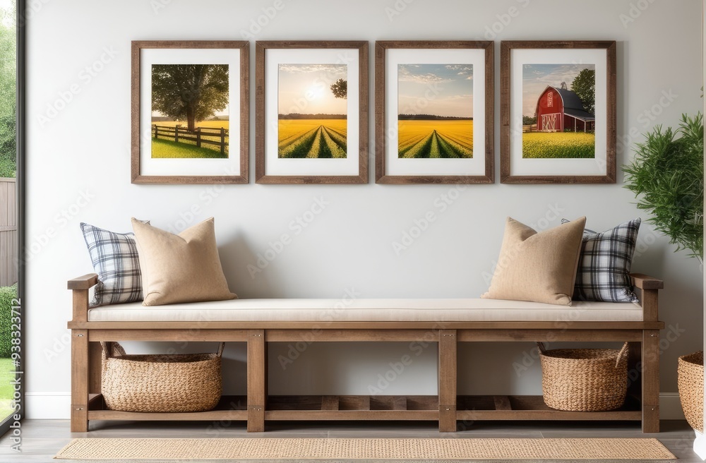Wooden rustic bench with pillows against wall with two poster frames. Country farmhouse interior design of modern home entryway