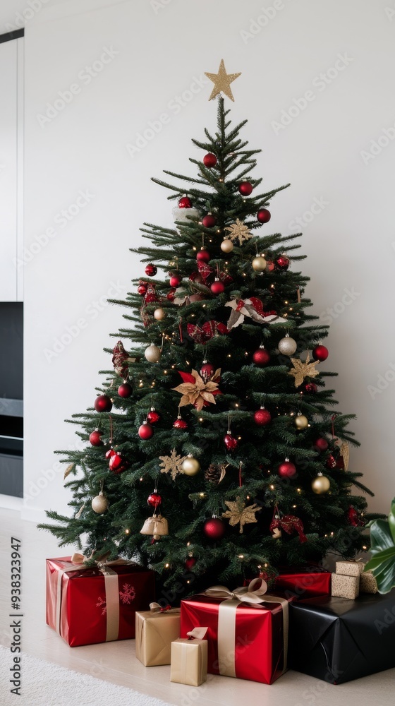 A festive Christmas tree adorned with red and gold ornaments and surrounded by various beautifully wrapped presents, all set in a modern living space.