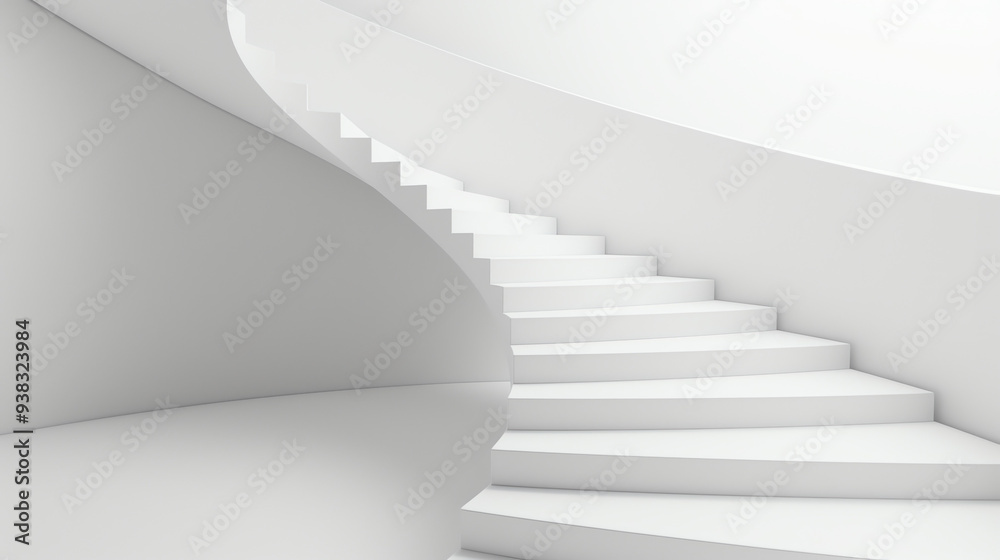 Obraz premium A wide, white spiral staircase in a white room.