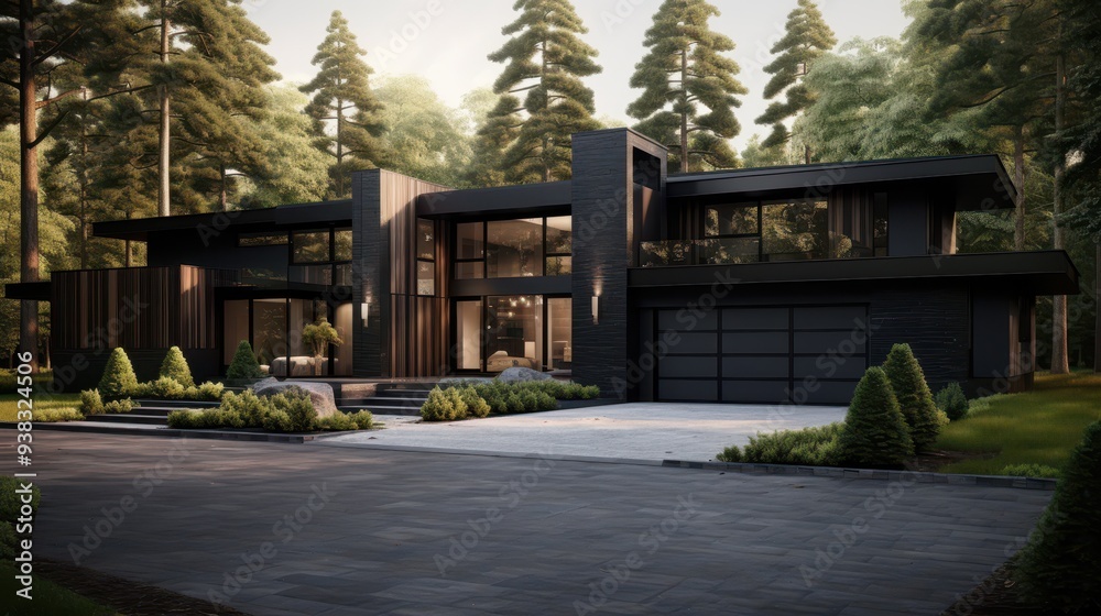 Black house and front garden, decorated in a modern style. Black house and front garden, decorated in a modern style.