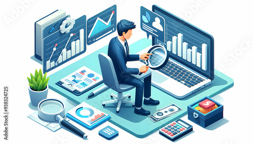 3d Flat icon as Financial advisor analyzing stock valuation reports concept as A financial advisor in an office analyzing stock valuation reports on a laptop highlighting expertise and financial decis photo