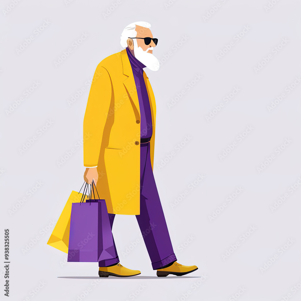 Stylish senior man with white beard and sunglasses holding shopping bags. Stylish senior man with white beard and sunglasses holding shopping bags.