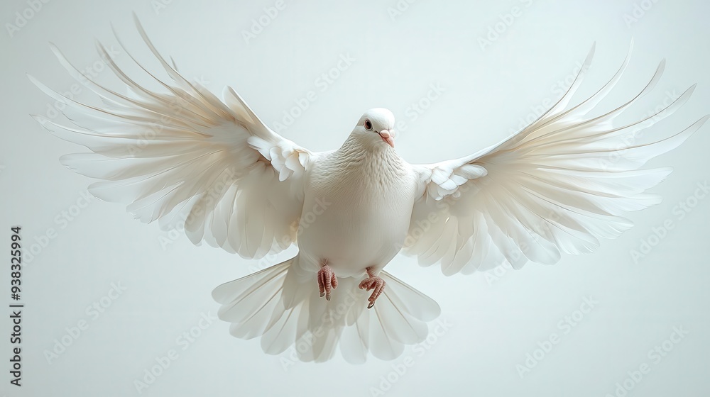 majestic white dove in midflight against a pure white background graceful wingspan and detailed feather texture captured in highkey lighting symbolizing peace and freedom majestic white dove in midflight against a pure white background graceful wingspan and detailed feather texture captured in highkey lighting symbolizing peace and freedom