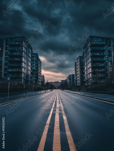 Abandoned road in a residential urban area with flats and dark clouds