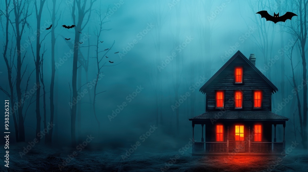 Halloween creepy house with bats and red light from the windows, Halloween background Halloween creepy house with bats and red light from the windows, Halloween background