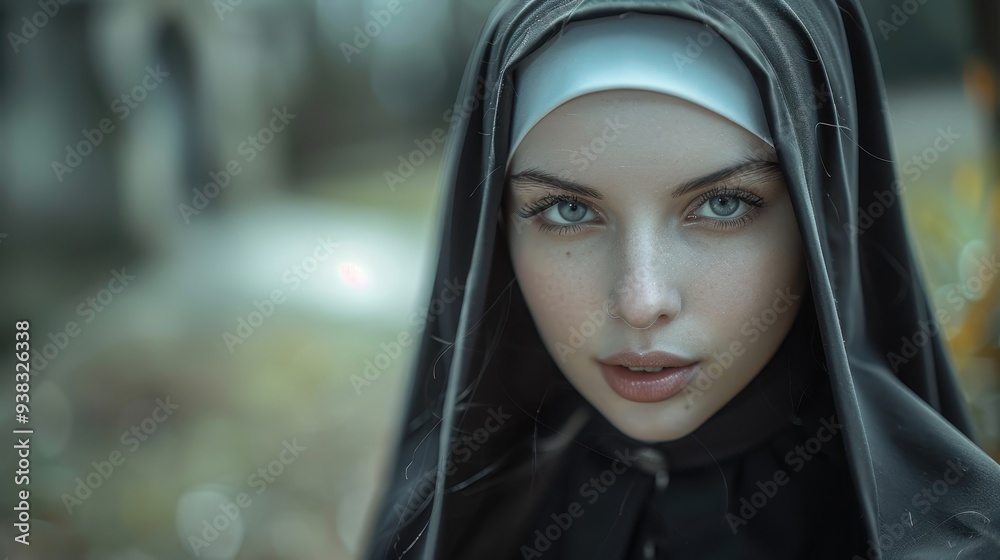Young woman dressed for Halloween as nun Young woman dressed for Halloween as nun