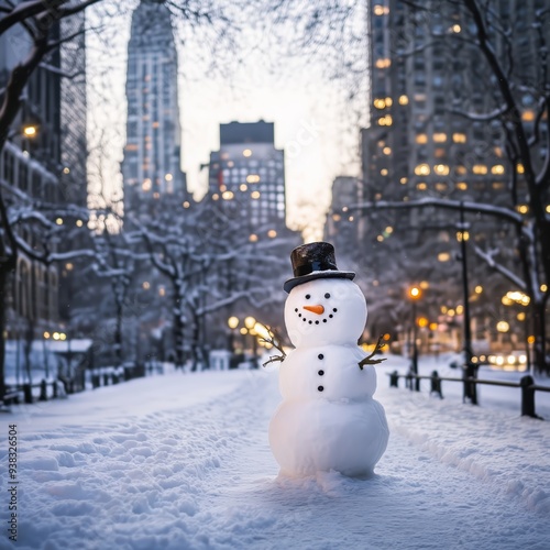 Snowman in the Streets of New York City, Christmas in a big city photo