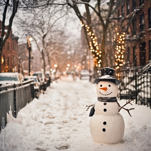 Snowman in the Streets of New York City, Christmas in a big city photo