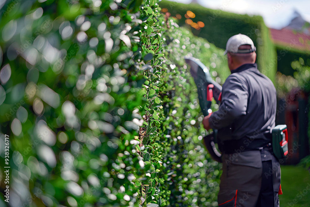 Gardener trimming a large hedge with electric hedge trimmers on a sunny day, with lush greenery and a beautifully landscaped garden in the background. Gardener trimming a large hedge with electric hedge trimmers on a sunny day, with lush greenery and a beautifully landscaped garden in the background.