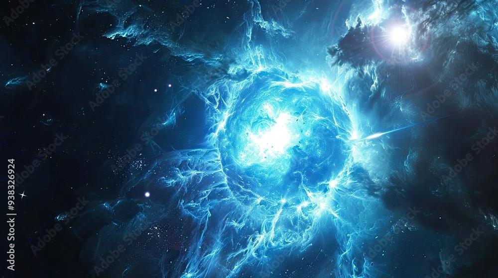Neutron star exploding, cold bluish colors, Neutron star exploding, cold bluish colors,