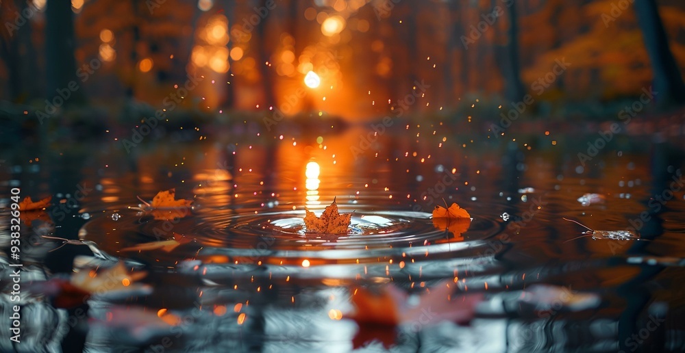 leaves floating in water with a light in the background. leaves floating in water with a light in the background.