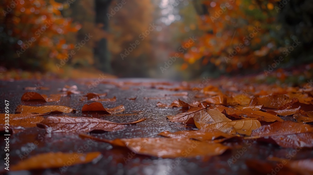 Close-up of wet, fallen autumn leaves on a forest path. Close-up of wet, fallen autumn leaves on a forest path.