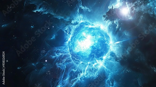 Neutron star exploding, cold bluish colors, photo