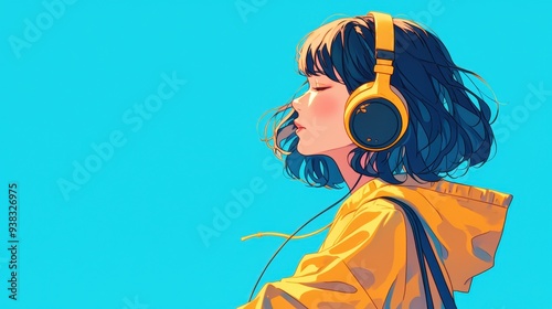 Woman in a yellow hoodie Enjoy lo-fi music with headphones on background, illustration Enjoy the music