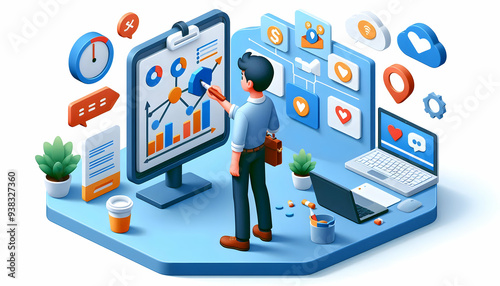 3d Flat icon as Social media strategist planning a content calendar concept as A social media strategist in a creative office planning a content calendar on a whiteboard highlighting strategic content