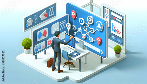 3d Flat icon as Social media strategist planning a content calendar concept as A social media strategist in a creative office planning a content calendar on a whiteboard highlighting strategic content