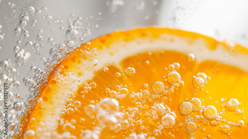 Close-up of orange slice submerged in bubbly water.