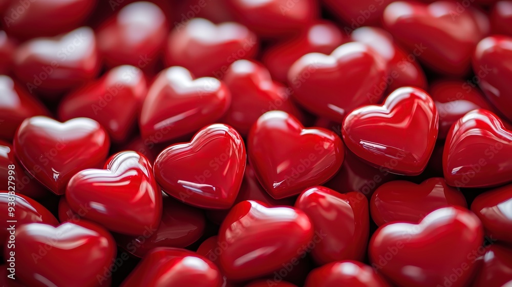 Close-up of vibrant red heart-shaped candies or decorations, symbolizing love and romance with their glossy, uniform appearance and rich crimson color. Close-up of vibrant red heart-shaped candies or decorations, symbolizing love and romance with their glossy, uniform appearance and rich crimson color.